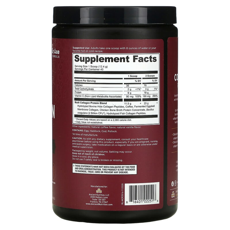 Dr. Axe / Ancient Nutrition, Multi Collagen Protein, Cold Brew, 1.09 lb (496 g) 816401022516