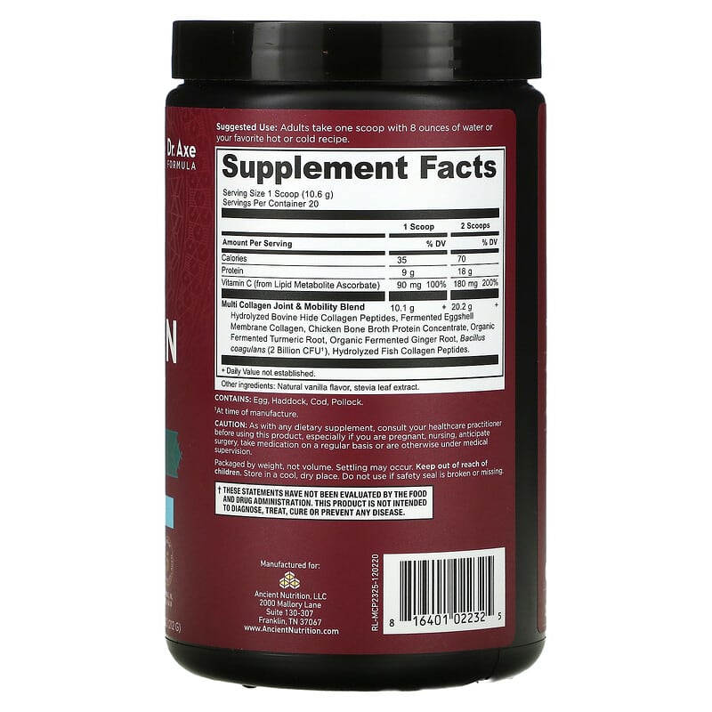 Dr. Axe / Ancient Nutrition, Multi Collagen Protein, Joint + Mobility, Vanilla, 7.48 oz (212 g) 816401022325