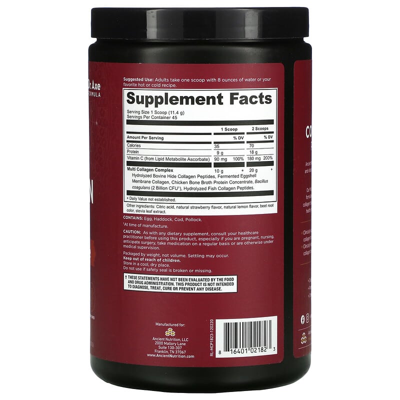 Dr. Axe / Ancient Nutrition, Multi Collagen Protein, Strawberry Lemonade, 1.13 lbs (513 g) 816401021823