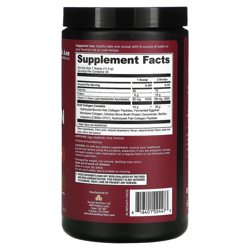 Dr. Axe / Ancient Nutrition, Multi Collagen Protein, Strawberry Lemonade, 9.65 oz ( 273.6 g) 816401024473