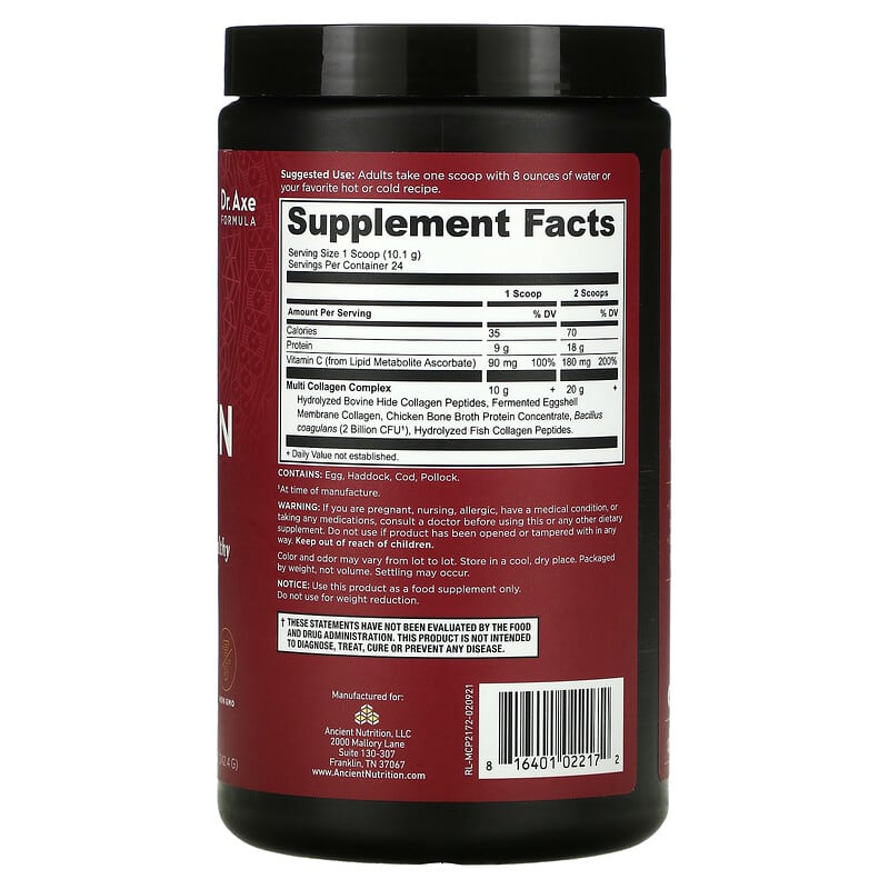 Dr. Axe / Ancient Nutrition, Multi Collagen Protein, Unflavored, 8.6 oz (242.4 g) 816401022172