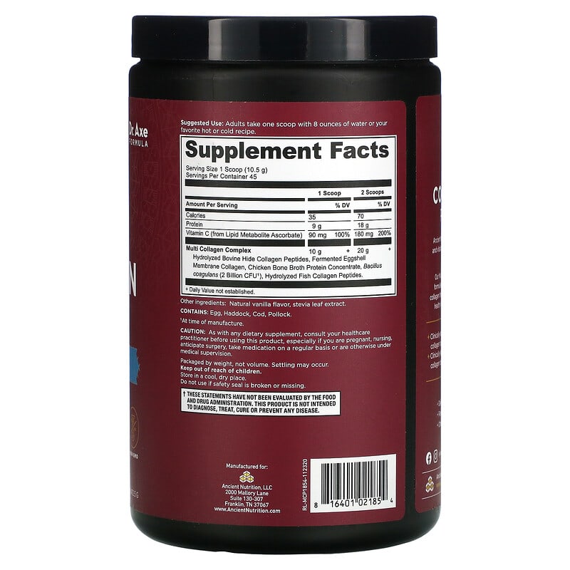 Dr. Axe / Ancient Nutrition, Multi Collagen Protein, Vanilla, 1.04 lb (472.5 g) 816401021854
