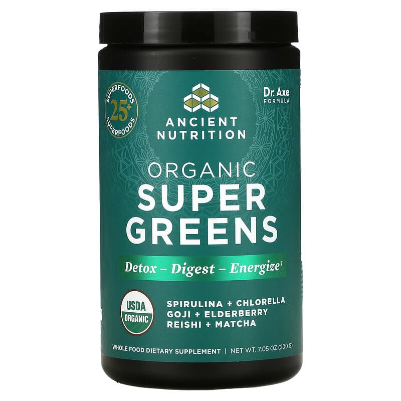 Dr. Axe/Ancient Nutrition Organic Super Greens 7.05 oz (200 g) 816401025616