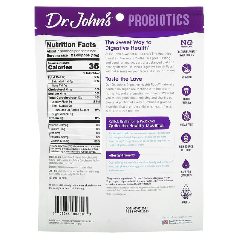 Dr. John's Healthy Sweets, Probiotics, Digestive Health Pops, + Fiber & Vitamin C, Strawberry, Peach & Apple, Sugar Free, 1 Billion, 14 Individually Wrapped Lollipops, 3.85 oz (109 g) 605245006383