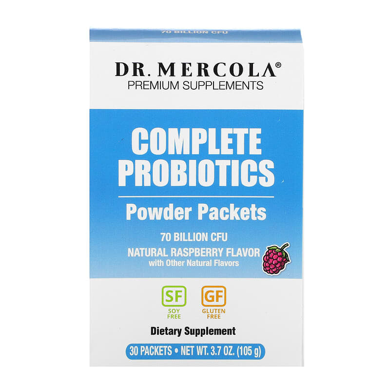 Dr. Mercola Complete Probiotics Powder Packets Natural Raspberry  70 Billion CFU 30 Packets 0.12 oz (3.5 g) Each 813006017145