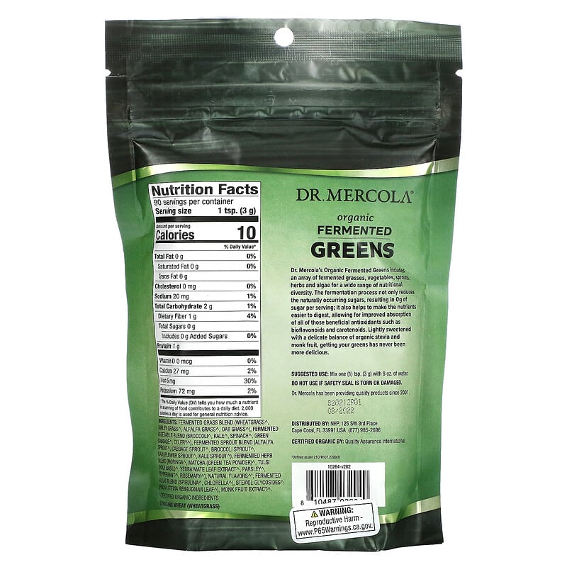 Dr. Mercola, Organic Fermented Greens, 9.5 oz (270 g) 810487032049