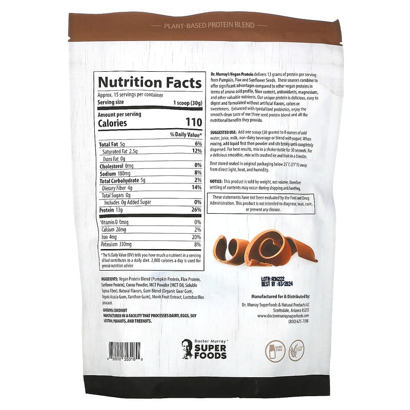 Dr. Murray's, Super Foods, 3 Seed ( Pumpkin, Flax, Sunflower ) Vegan Protein Powder, Chocolate, 16 oz (453.5 g) 850010353180