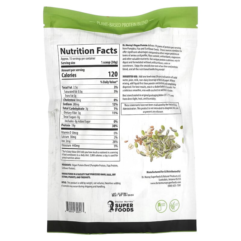 Dr. Murray's, Super Foods, 3 Seed ( Pumpkin, Flax, Sunflower ) Vegan Protein Powder, Unflavored, 16 oz (453.5 g) 850010353173
