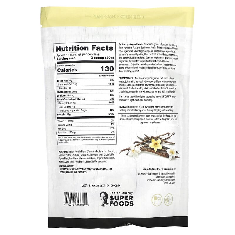 Dr. Murray's, Super Foods, 3 Seed ( Pumpkin, Flax, Sunflower ) Vegan Protein Powder, Vanilla, 16 oz (453.5 g) 850010353197