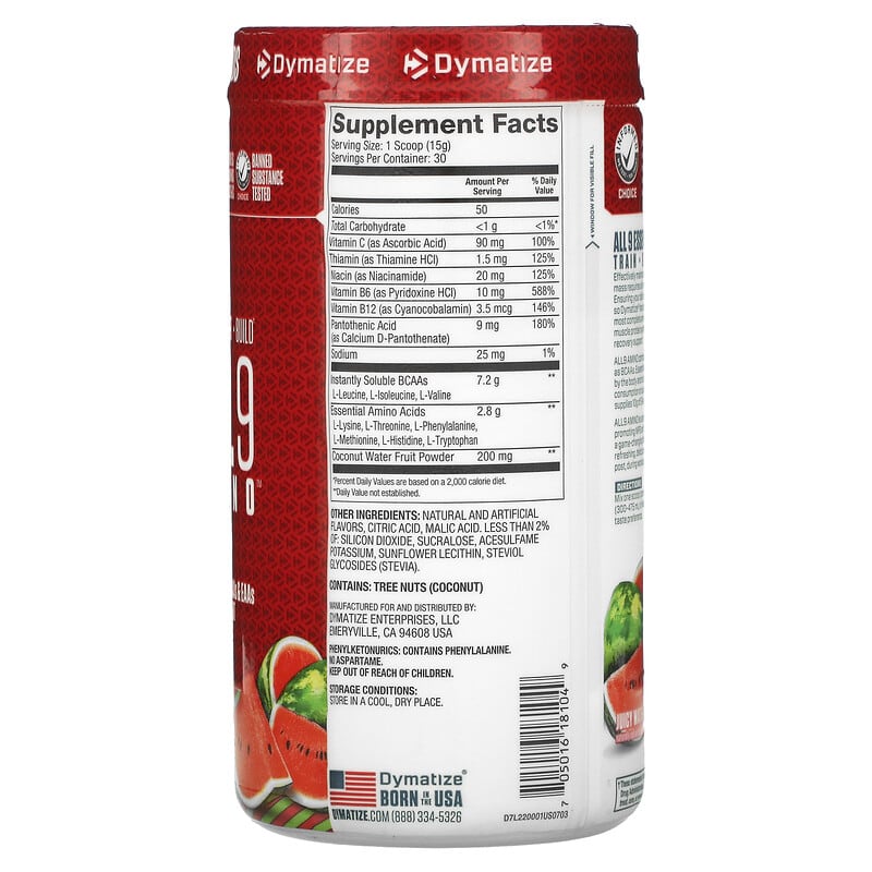 Dymatize, ALL9AMINO, Juicy Watermelon, 15.87 oz (450 g) 705016181049