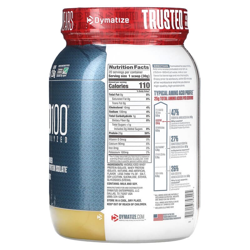 Dymatize, ISO 100, Hydrolyzed, 100% Whey Protein Isolate Powder, Gourmet Vanilla, 1.3 lb (600 g) 705016358205