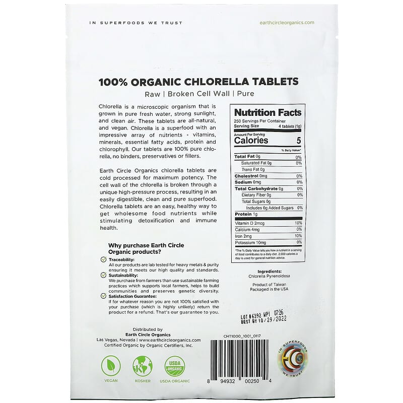 Earth Circle Organics, 100% Organic Chlorella Tablets, 1,000 Tablets, 8.75 oz (248 g) 894932002504