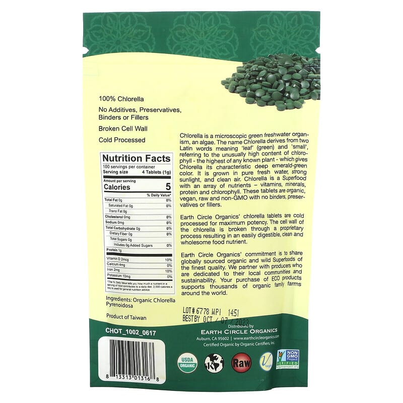 Earth Circle Organics, Organic Chlorella Tablets, 250 mg, 400 Tablets, 3.5 oz (100 g) 813313013168