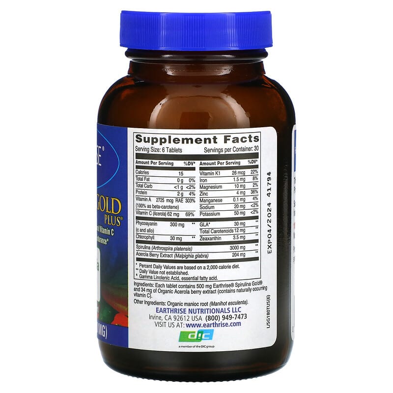 Earthrise, Spirulina Gold Plus, 500 mg, 180 Tablets 32602846281