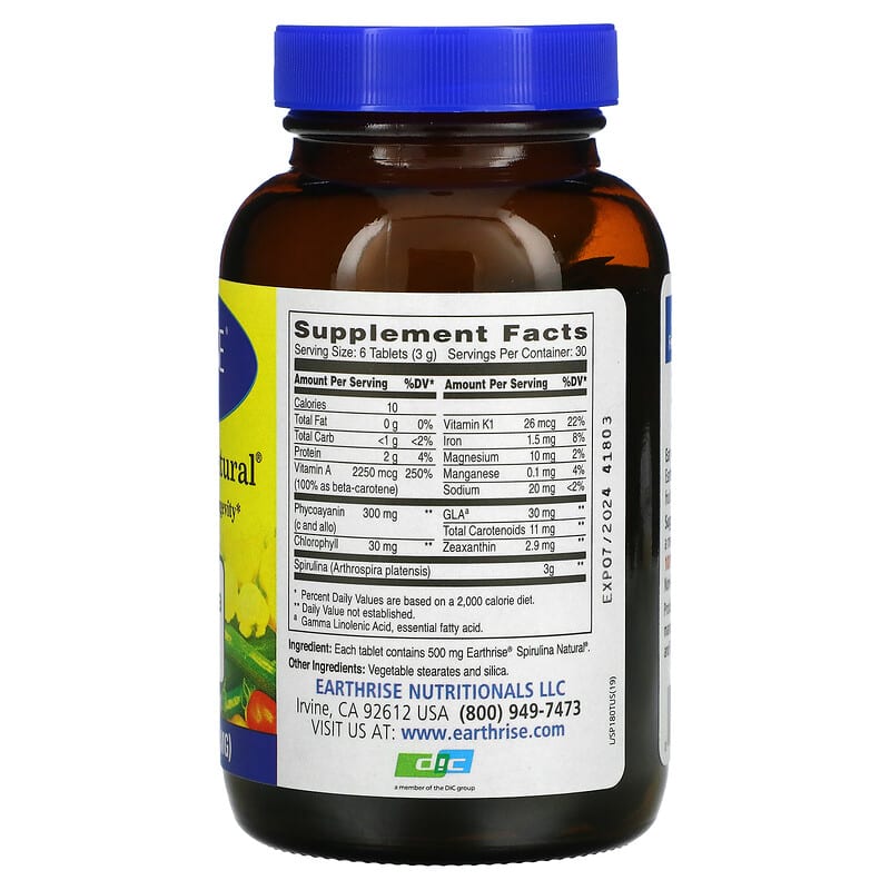 Earthrise, Spirulina Natural, 500 mg, 180 Tablets 32602120008