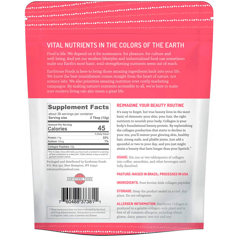 Earthtone Foods, Grass-Fed Collagen Peptides, Unflavored, 16 oz (454 g) 760488373811