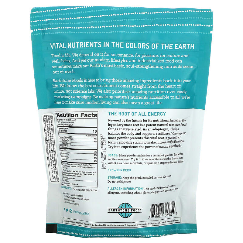 Earthtone Foods, Organic Gelatinized Maca Powder, 16 oz (454 g) 760488373859