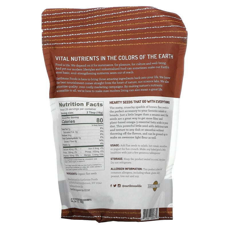Earthtone Foods, Organic Whole Brown Flax Seeds, 16 oz (453 g) 817516020732