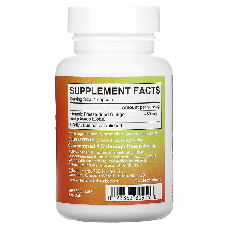 Eclectic Institute, Freeze Dried Fresh, Ginkgo, 450 mg, 90 Veg Caps 23363309160
