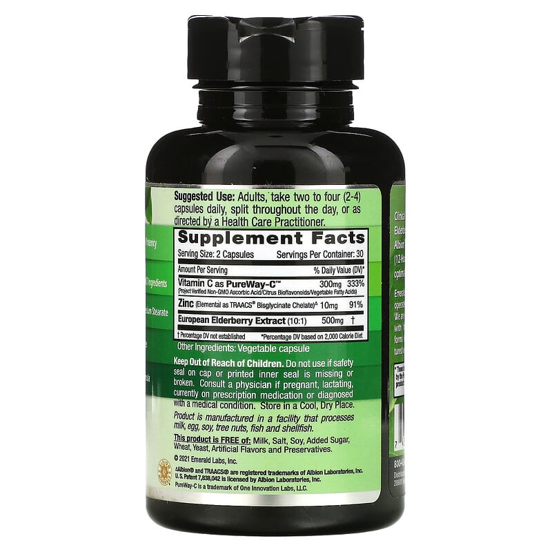 Emerald Laboratories, Elderberry + PureWay C + Zinc, 60 Vegetable Caps 743650003600