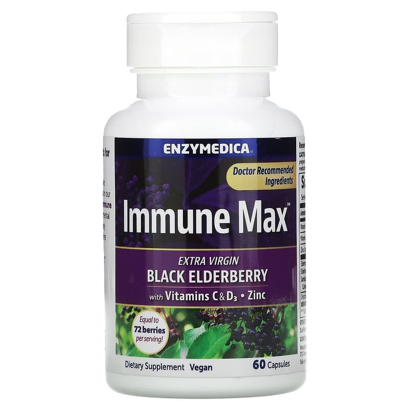 Enzymedica, Immune Max, Black Elderberry with Vitamins C & D3, Zinc, 60 Capsules 670480220368