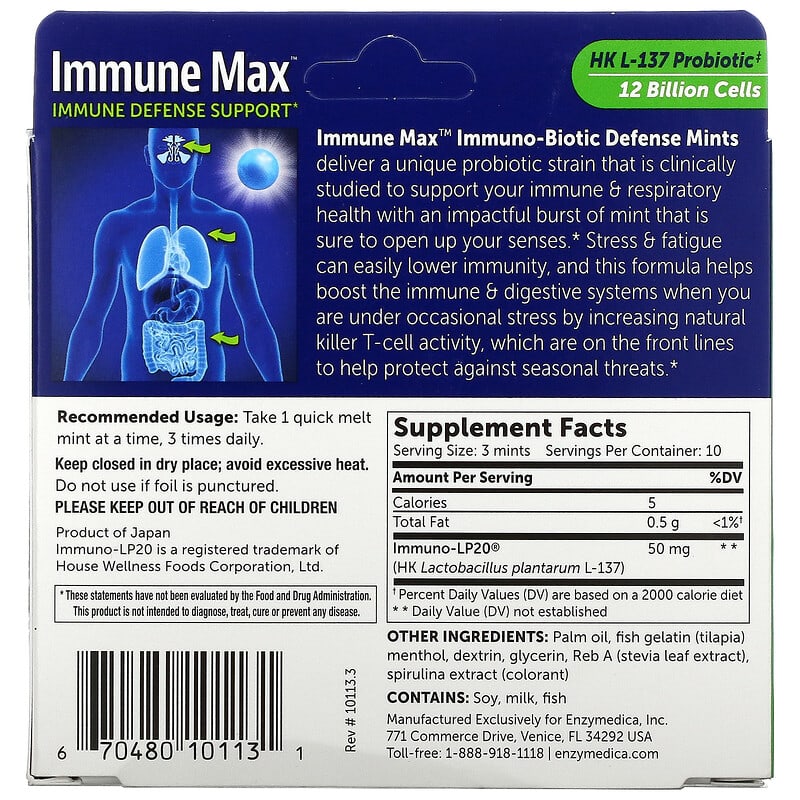 Enzymedica, Immune Max, Immuno-Biotic Defense Mints, Fresh Mint, 30 Quick Melt Mints 670480101131