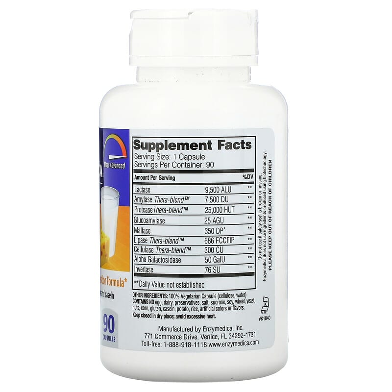 Enzymedica, Lacto, Most Advanced Dairy Digestion Formula, 90 Capsules 670480241219