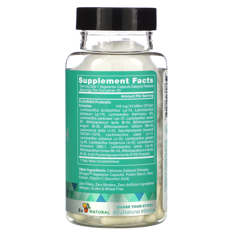 Eu Natural, FLOURISH, Probiotics Urinary & Gut Health, 14 Billion CFU, 30 Vegetarian Capsules 855244008202