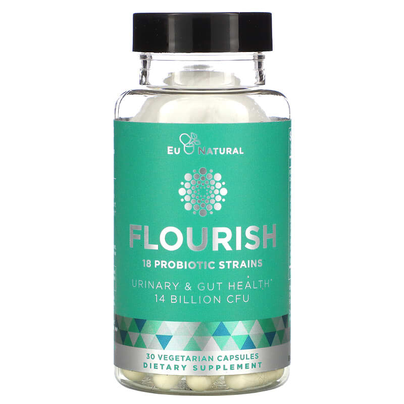 Eu Natural FLOURISH Probiotics Urinary & Gut Health 14 Billion CFU 30 Vegetarian Capsules 855244008202