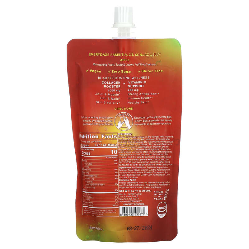 Everydaze, Essential C's Konjac Jelly Drink, Apple, 5.07 fl oz (150 ml) 8809432535379