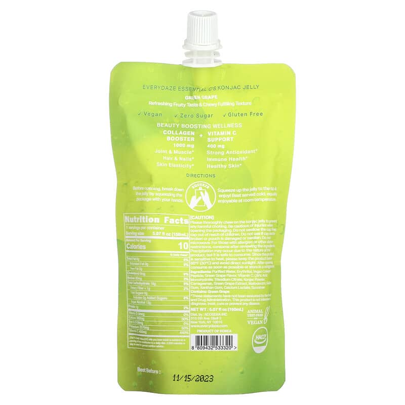 Everydaze, Essential C's Konjac Jelly, Green Grape, 5.07 fl oz (150 ml) 8809432533320