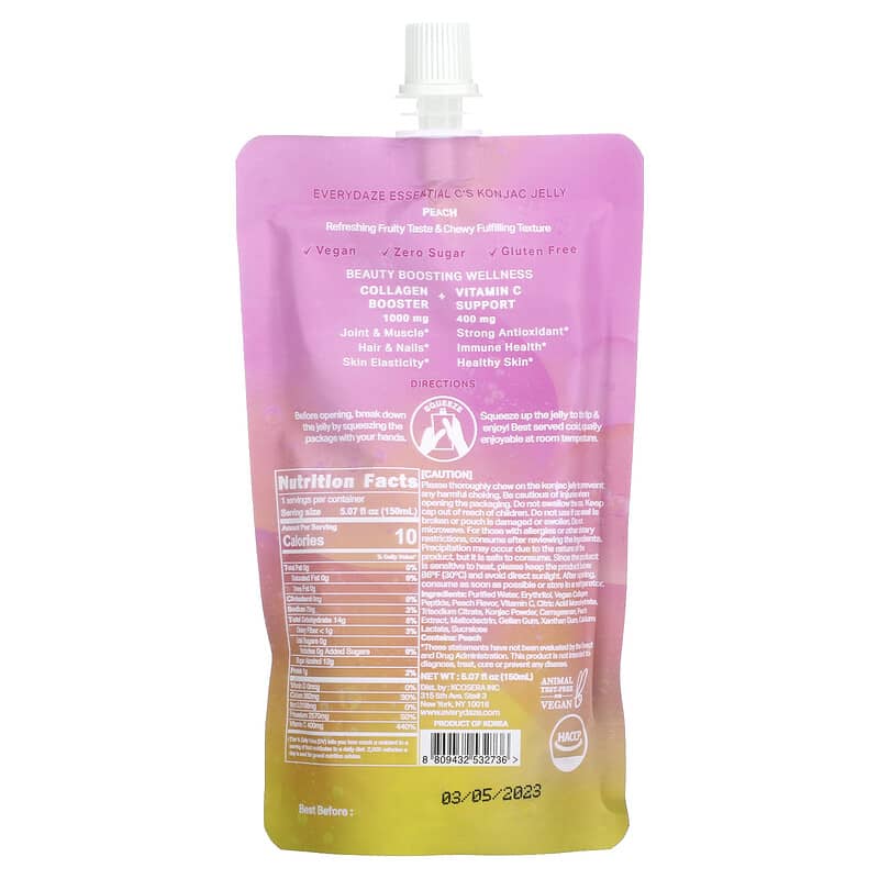 Everydaze, Essential C's Konjac Jelly, Peach, 5.07 fl oz (150 ml) 8809432532736