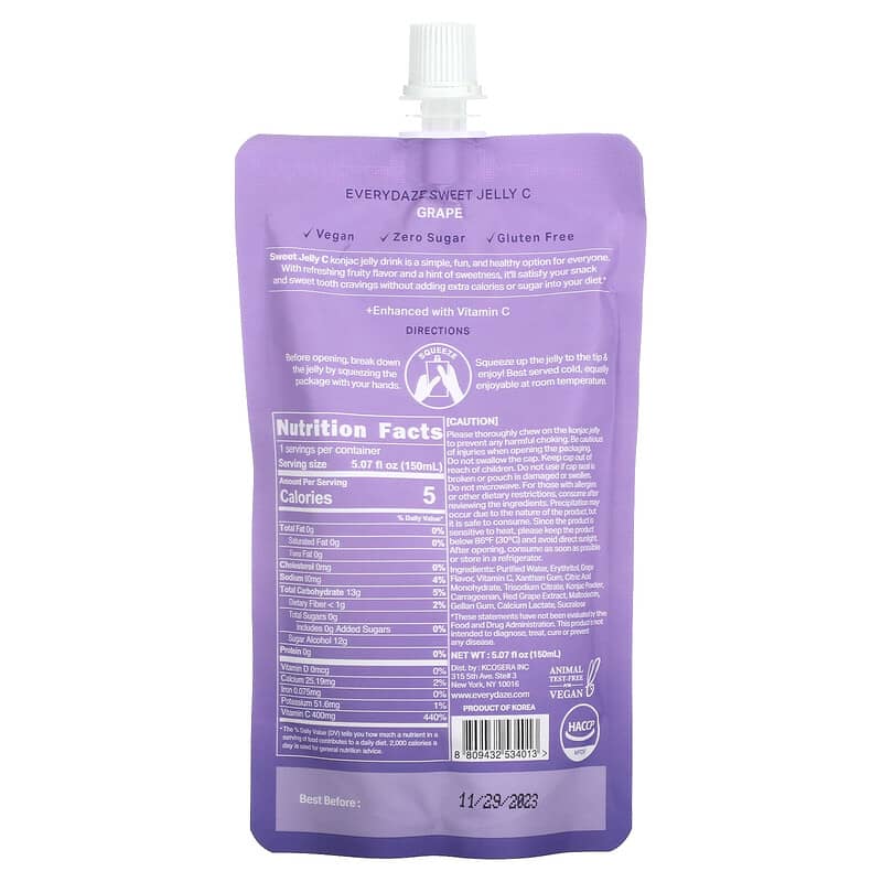 Everydaze, Sweet Jelly C, Plant Based Konjac Jelly Drink, Grape, 5.02 fl oz (150 ml) 8809432534013