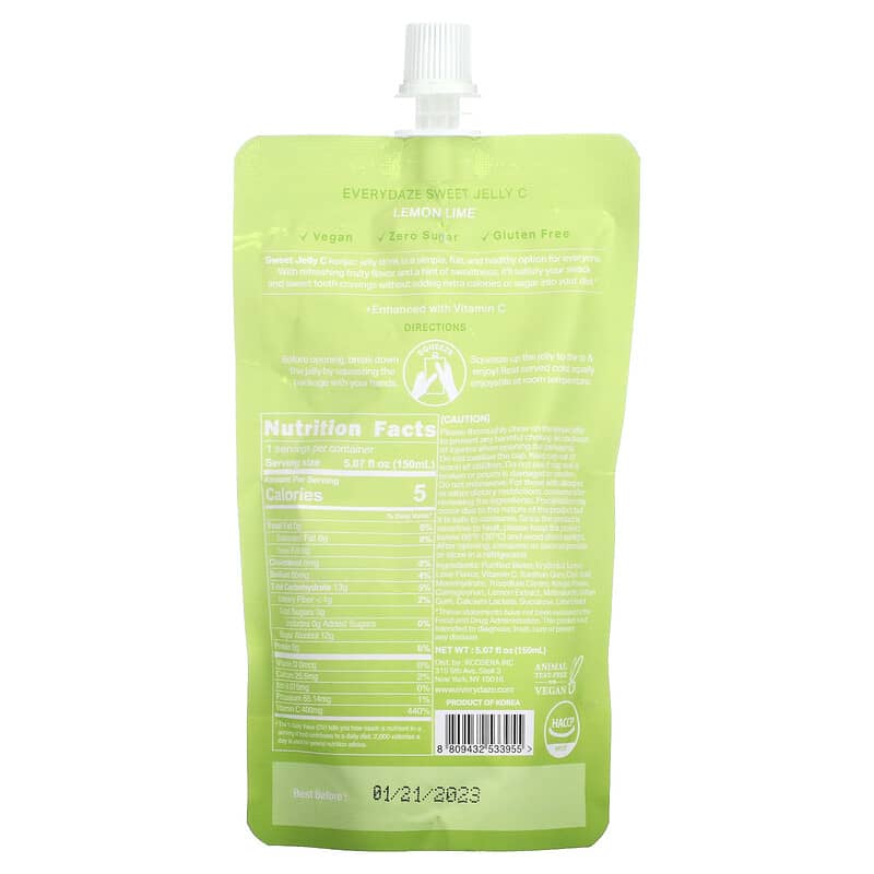 Everydaze, Sweet Jelly C, Plant Based Konjac Jelly Drink, Lemon Lime, 5.02 fl oz (150 ml) 8809432533955