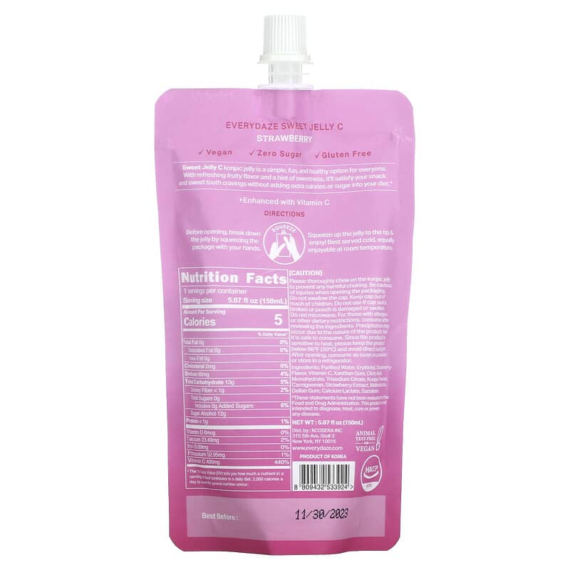 Everydaze, Sweet Jelly C, Plant Based Konjac Jelly Drink, Strawberry, 5.02 fl oz (150 ml) 8809432533924