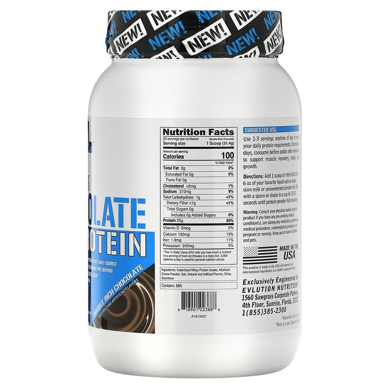 EVLution Nutrition, 100% Isolate Protein, Double Rich Chocolate, 1.6 lb (726 g) 818901023888