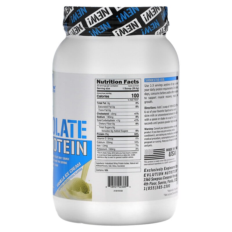 EVLution Nutrition, 100% Isolate Protein, Vanilla Ice Cream, 1.6 lb (726 g) 818901023895