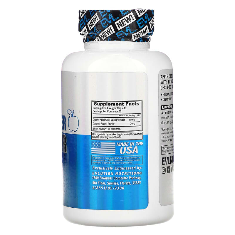 EVLution Nutrition, Apple Cider Vinegar, 60 Veggie Capsules 818901021082