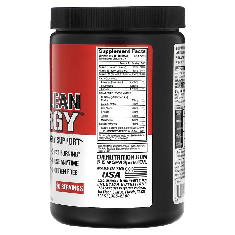 EVLution Nutrition, BCAA LEAN ENERGY, Fruit Punch, 11.32 oz (321 g) 710051864161