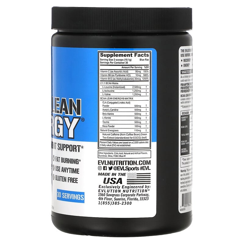EVLution Nutrition, BCAA LEAN ENERGY, Weight Management Support, Blue Raz, 10.69 oz (303 g) 710051864222