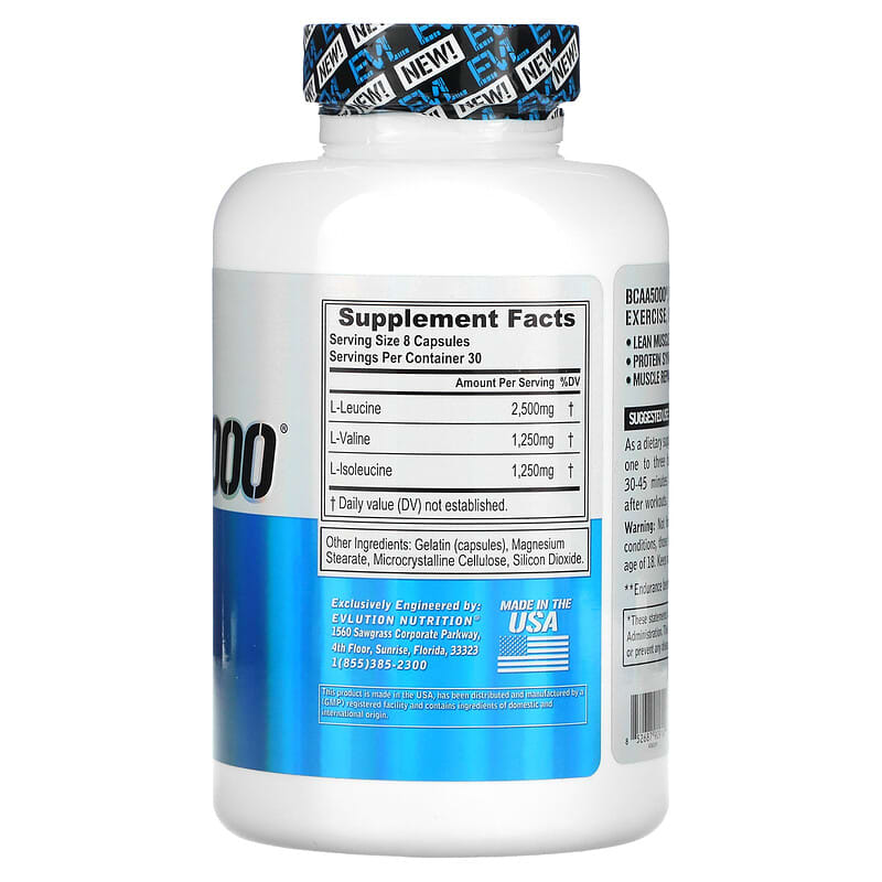 EVLution Nutrition, BCAA5000, 240 Capsules 852687909141