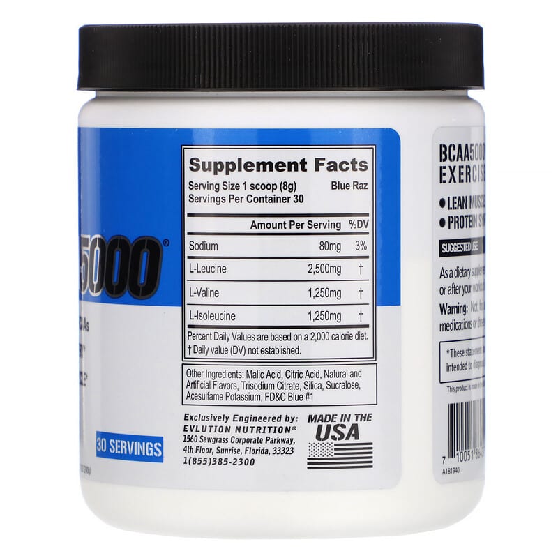 EVLution Nutrition, BCAA5000, Blue Raz, 8.47 oz (240 g) 710051864376