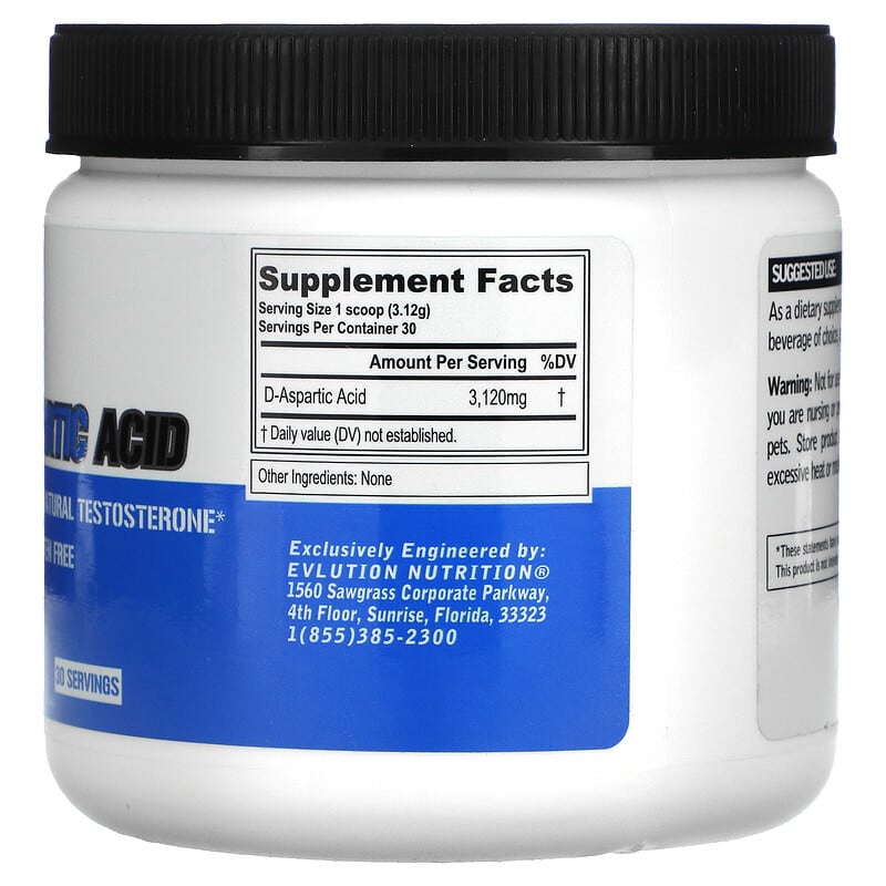 EVLution Nutrition, D-Aspartic Acid, Unflavored, 3.3 oz (94 g) 818901027022