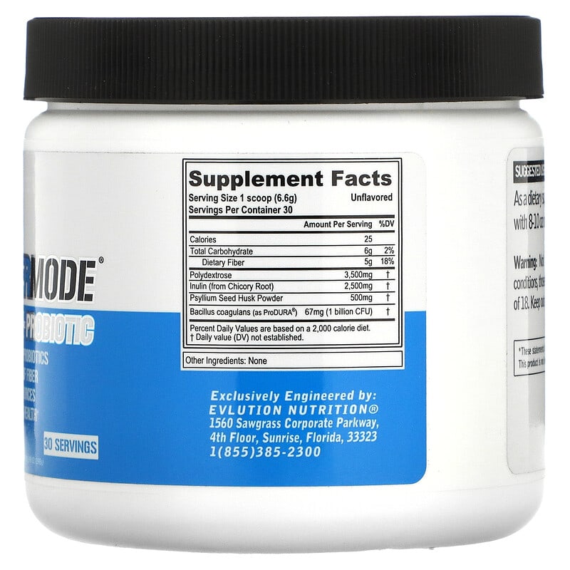 EVLution Nutrition, FiberMode, Fiber + Probiotic, Unflavored, 6.98 oz (198 g) 818901022300