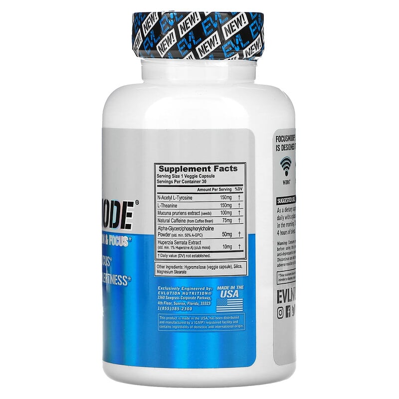EVLution Nutrition, FocusMode, 30 Veggie Capsules 818901024854
