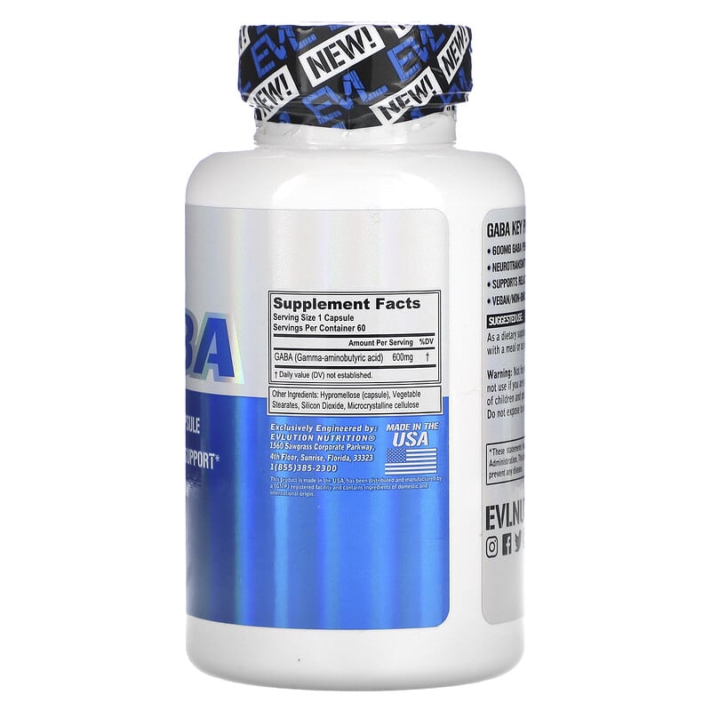 EVLution Nutrition, GABA, 600 mg, 60 Veggie Capsules 818901027565