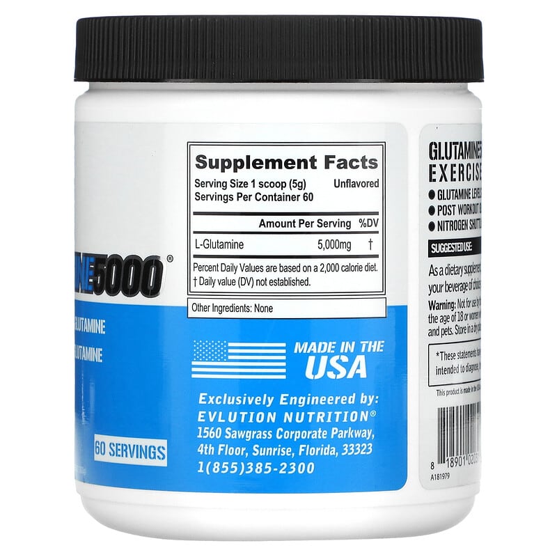 EVLution Nutrition, Glutamine5000, Unflavored, 5,000 mg, 10.58 oz (300 g) 818901020313