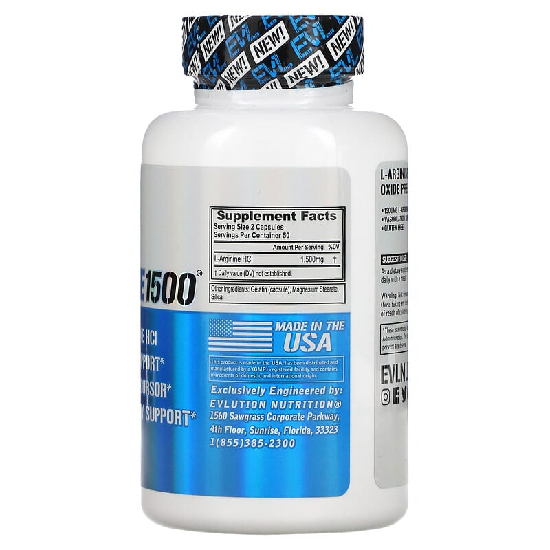 EVLution Nutrition, L-Arginine1500, 100 Capsules 818901021679