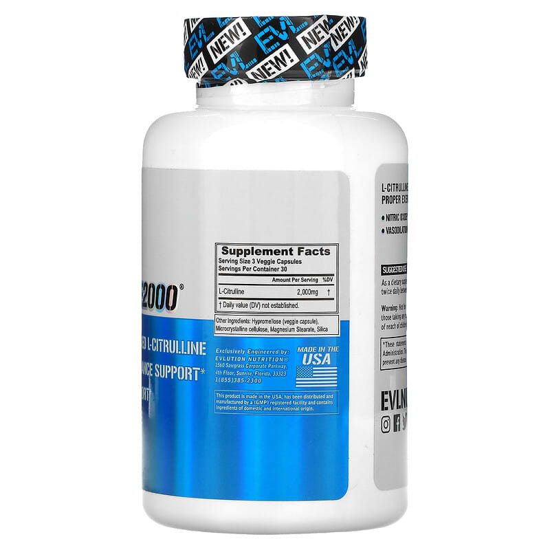 EVLution Nutrition, L-Citrulline2000, 90 Veggie Capsules 818901024182