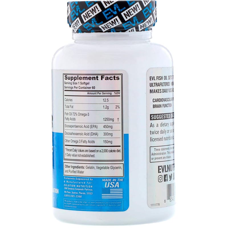 EVLution Nutrition, Omega-3 Fish Oil, Triple Strength, 60 Softgels 685450087476